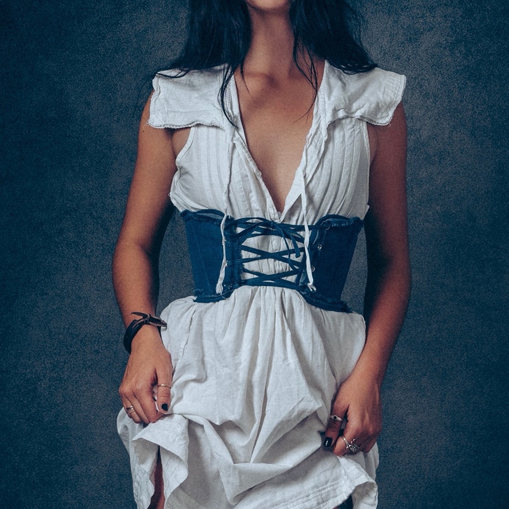 NWT CORSET STORY Denim Corset Inspired Front Tie Belt UK 14 US 10